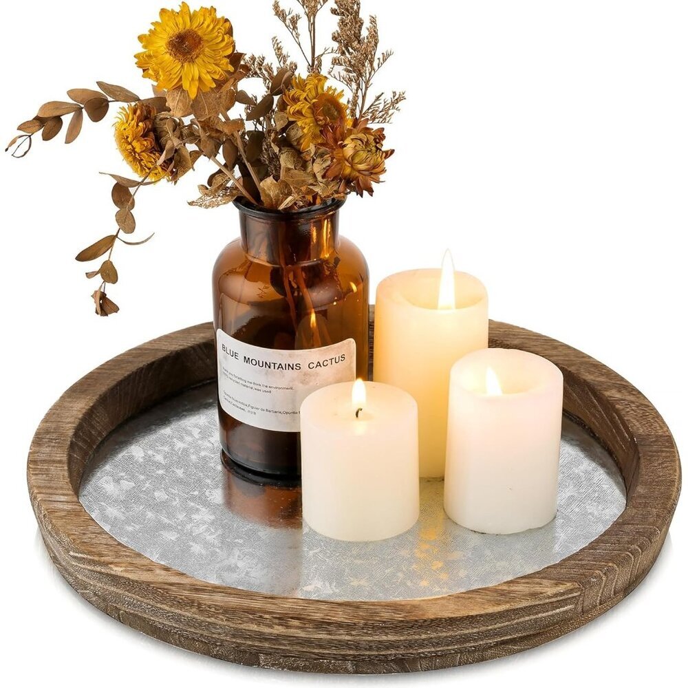 Candle Plate Holder Tray Distressed Mirror Round Wood Decorative Candle Plate
